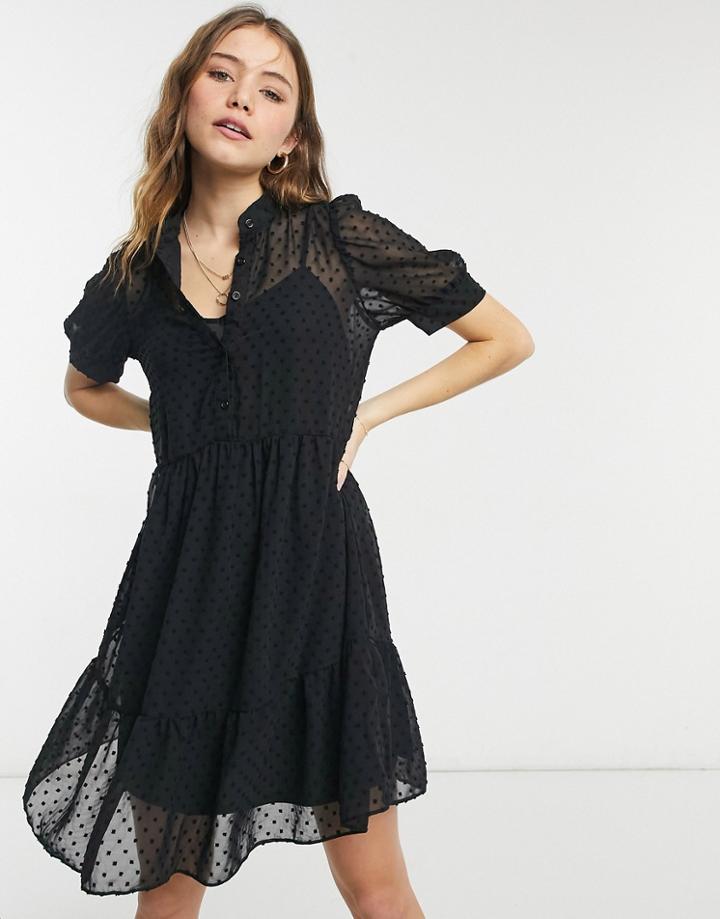 New Look Tiered Smock Dress In Black Texture Mesh