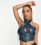 Missguided Faux Leather Halter Neck Crop Top In Blue-blues