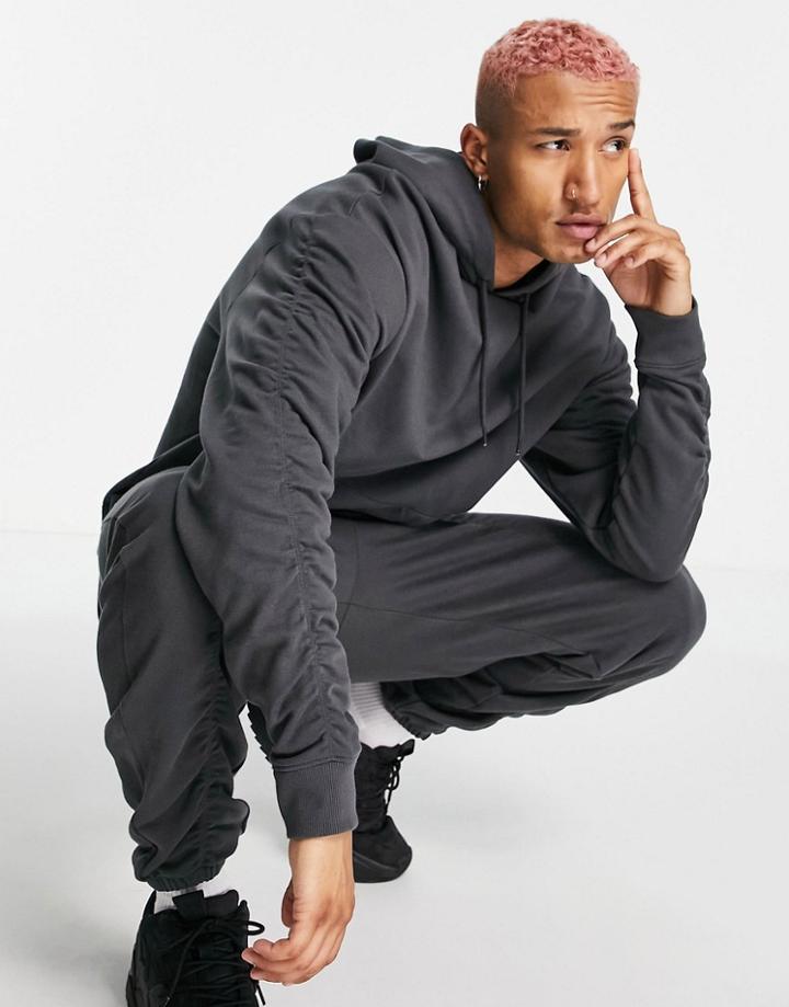 Asos Design Organic Oversized Hoodie With Ruching Details In Washed Black - Part Of A Set