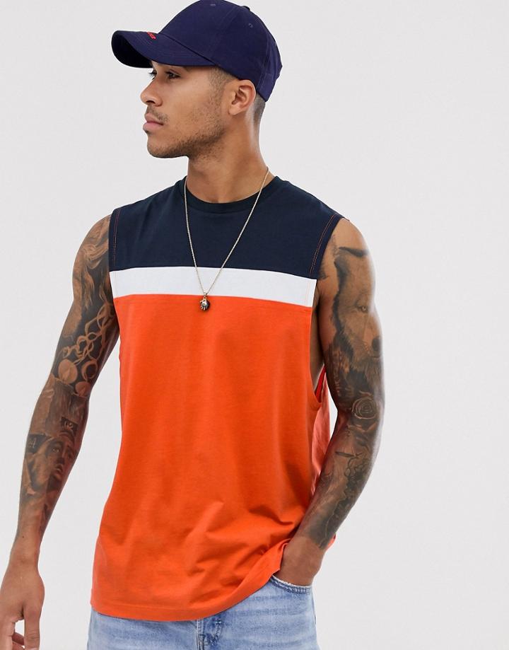 Asos Design Relaxed Sleeveless T-shirt With Dropped Armhole With Contrast Panels In Orange - Orange