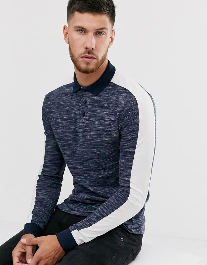 Asos Design Polo Shirt With Contrast Shoulders In Interest Fabric In Navy - Navy