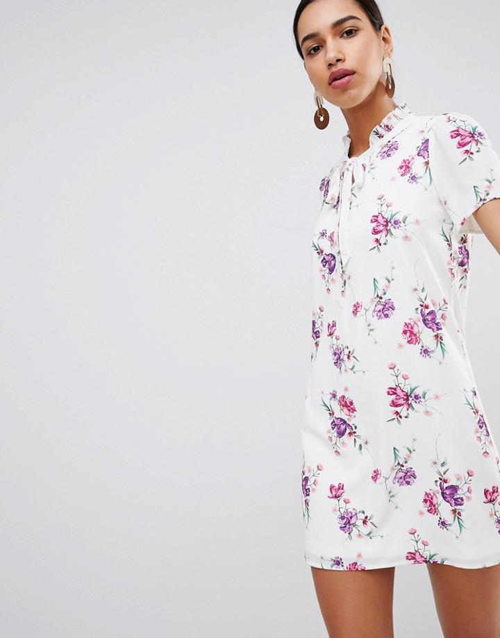 Fashion Union Tie Neck Shift Dress In Vintage Floral - White