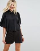 Asos Cropped Blouse With Flutter Sleeve - Black