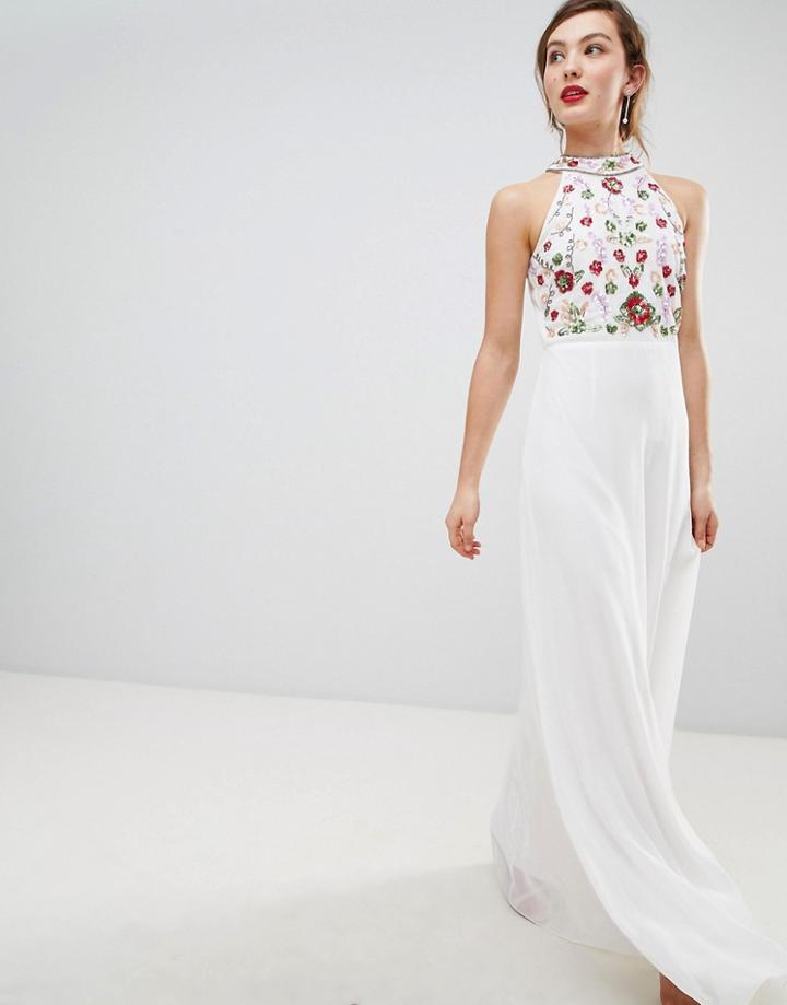 Frock & Frill High Neck Maxi Dress With Rainbow Embellishment - White