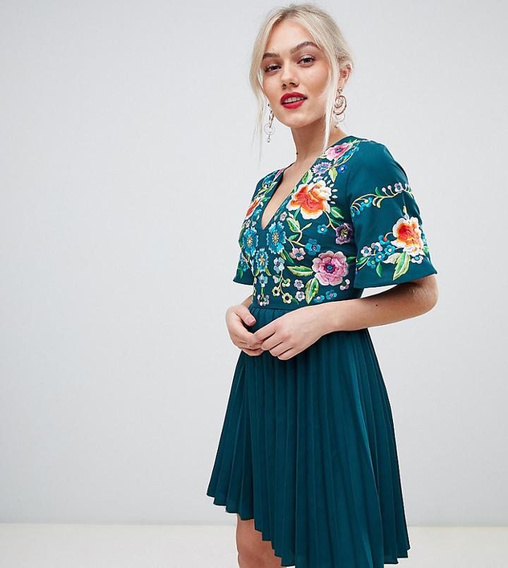 Asos Design Petite Pleated Embroidered Mini Dress - Green