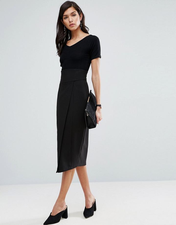 Asos Wrap Front Pencil Skirt With Corseted Waist - Black