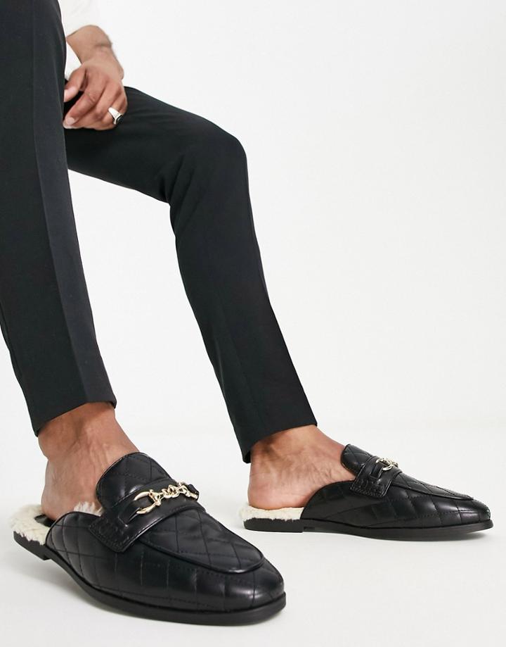 Asos Design Backless Loafers Mule With Quilting Detail In Black Faux Leather