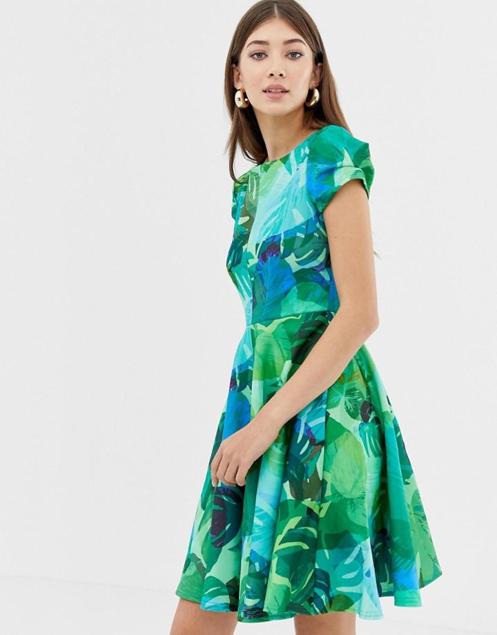 Closet Print Cap Sleeve Skater Dress - Green