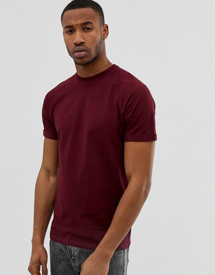 Bershka Join Life Textured Raglan T-shirt In Burgundy - Red