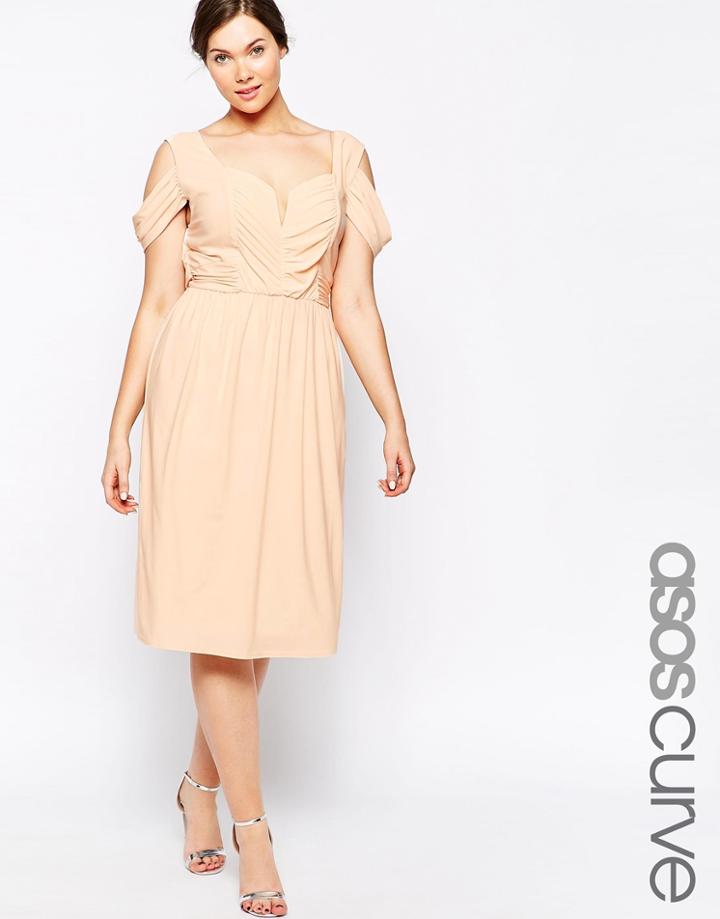 Asos Curve Wedding Midi Skater Dress With Drape Shoulder - Burnt Orange $33.00