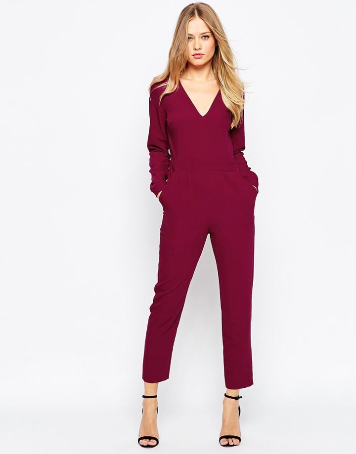 Asos Jumpsuit With V Neck And Peg Leg - Wine
