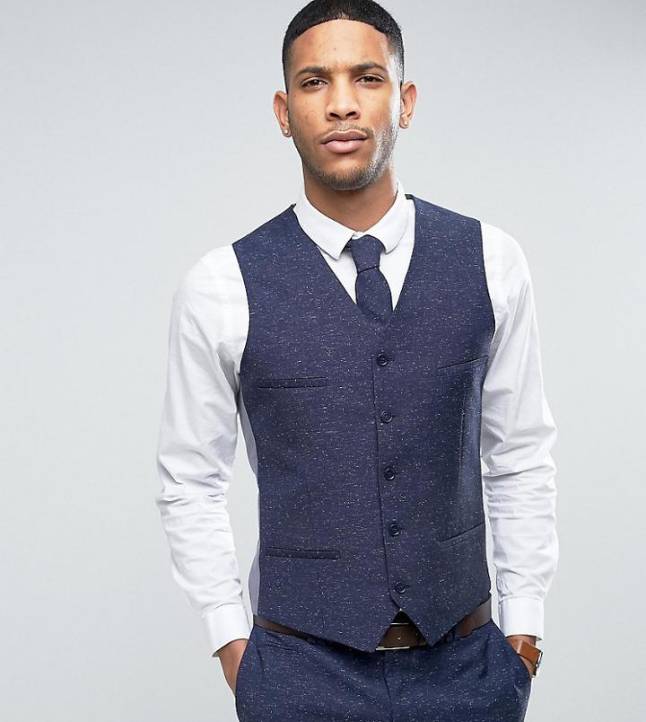Noak Skinny Wedding Suit Vest In Linen Nepp - Navy