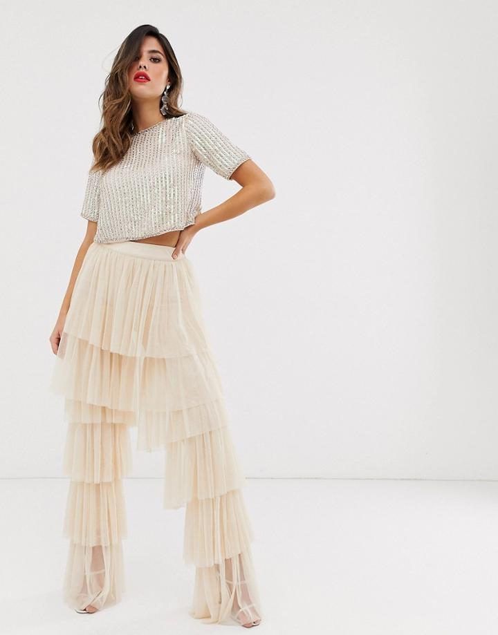 Lace & Beads Tiered Tulle Palazzo Pants In Pale Pink-beige