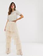 Lace & Beads Tiered Tulle Palazzo Pants In Pale Pink-beige