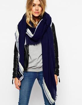 Asos Oversized Scarf With Geo-tribal Trim Detail - Navy