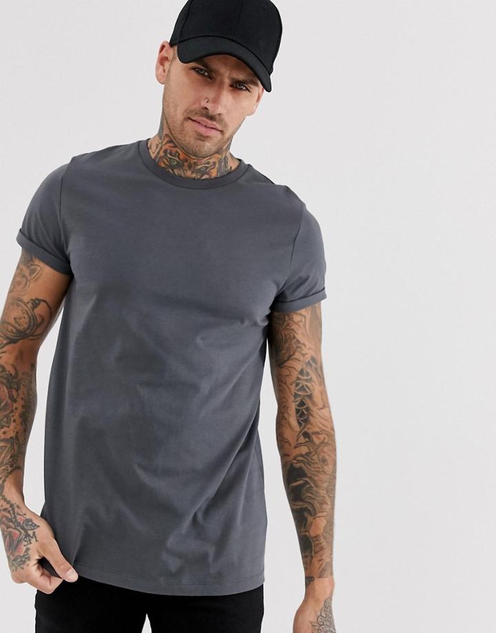 Asos Design Crew Neck T-shirt With Roll Sleeve In Washed Black - Gray