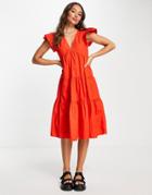 Vero Moda Ruffle Detail Tiered Midi Dress In Bright Red