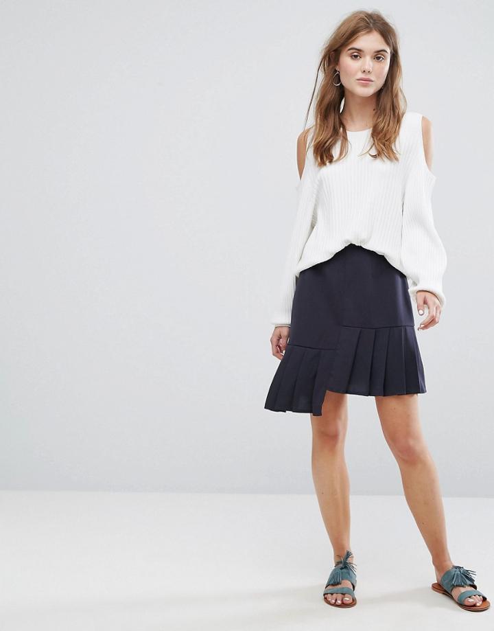 Vila Pleated Asymmetric Skirt - Navy
