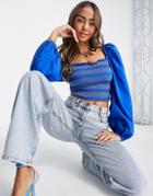 Asos Design Volume Sleeve Top With Contrast Shirring In Blue-red