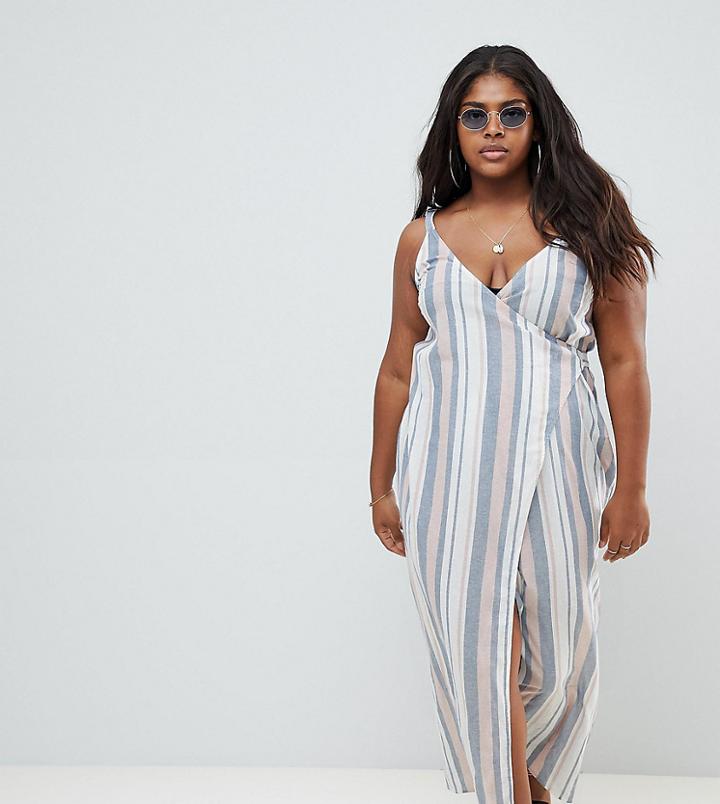 Asos Design Curve Woven Stripe V Wrap Maxi Beach Dress-multi