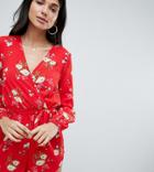 Parisian Tall Floral Long Sleeve Wrap Romper-red