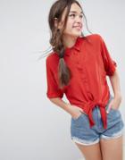 Asos Design Tie Front Shirt In Crinkle - Orange