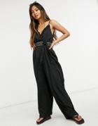 River Island Plunge Embellished Waist Jumpsuit In Black