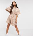 Asos Design Tall Textured Smock Dress With Gathered Neck And Waist Seam In Camel Floral-brown