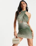 Asos Design Halter Cross Front Mini Dress In Mono Wave Print-multi