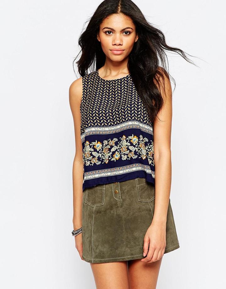 Brave Soul Sleeveless Border Print Tank With Button Back - Blue