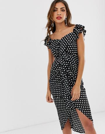 Forever U Collection Wrap Midi Dress With Sweetheart Neckline In Polka Dot Print-black