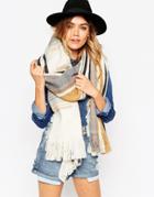 Asos Oversized Scarf With Check & Reversible Stripe With Raw Tassel Edge - Stone