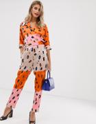Liquorish Jumpsuit With Belt In Contrasting Orange Leopard Print - Multi