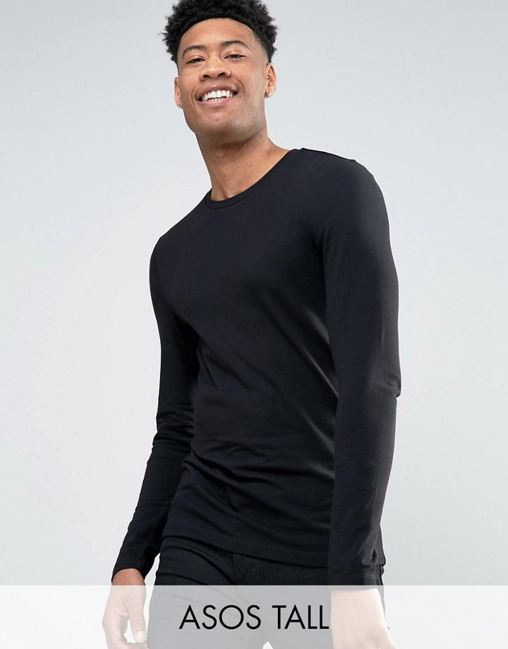Asos Tall Muscle Long Sleeve T-shirt With Crew Neck In Black - Black