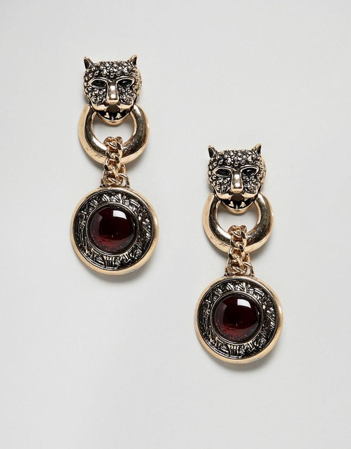 Asos Design Earrings With Lionhead And Stone Disc Pendant In Gold - Gold