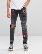 Asos Skinny Jeans With Badges And Rip Detail - Black