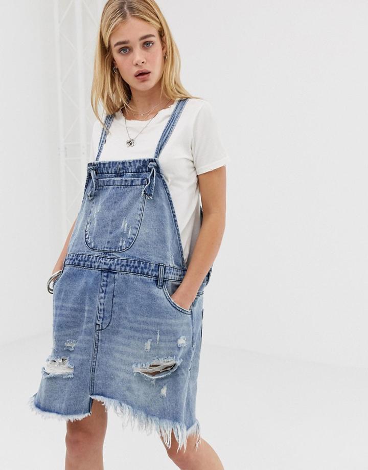 One Teaspoon Denim Overall Dress With Raw Hem And Rip Detail - Blue