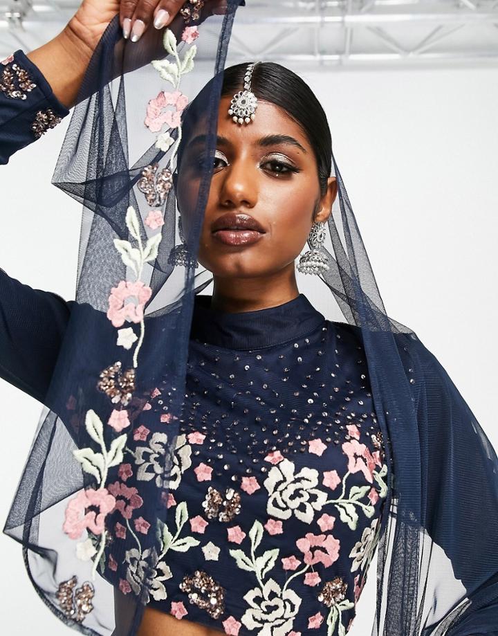 Maya Sleek Embellished Lehenga Scarf In Navy Blue