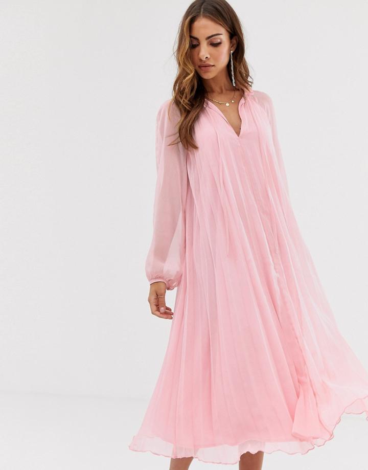 Asos Design Pleated Trapeze Midi Dress With Tie Neck - Pink