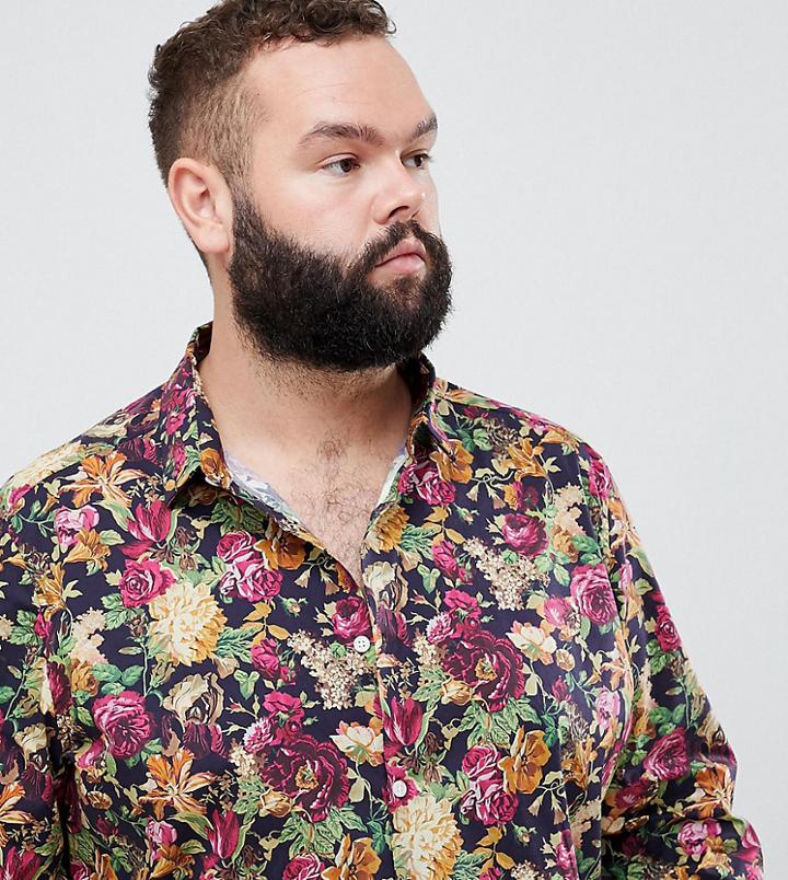 Asos Design Plus Regular Fit Floral Shirt In Navy - Navy