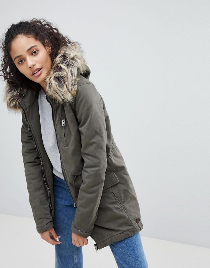 Only Macy Parka Coat With Faux Fur Hood - Black