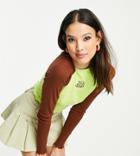 Collusion Raglan Daisy Embroidered Long Sleeve Top In Lime-green