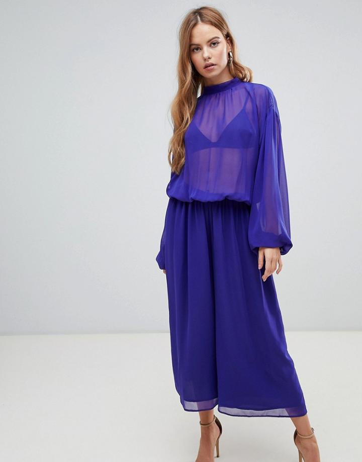 Asos Design Jumpsuit With Balloon Sleeve And Tie Back Detail In Chiffon - Tan