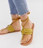 Asos Design Wide Fit Vantage Leather Ring Detail Tie Leg Flat Sandals In Mustard - Tan