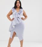 Asos Design Curve Plunge Ruffle Midi Dress With Waterfall Skirt - Blue