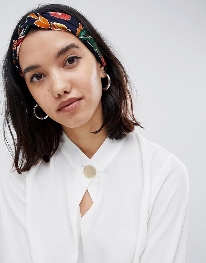 Asos Design Twist Front Headband In Dark Floral Print - Multi