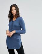 Brave Soul Longline Rib Top With Lace Up And Eyelet Detail - Blue