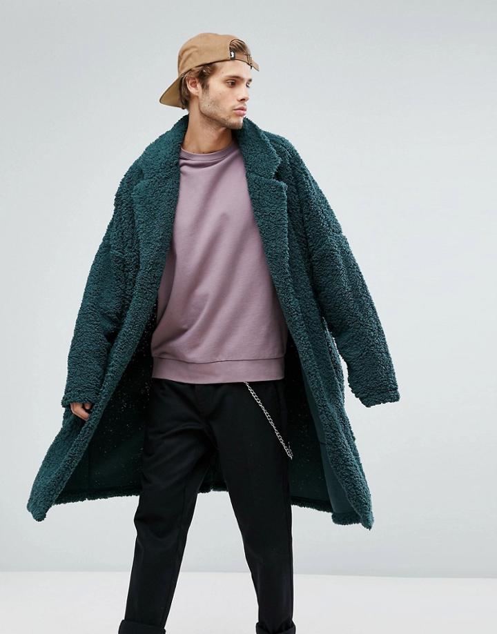 Asos Extreme Oversized Borg Duster Coat - Green