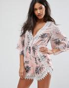 Love & Other Things 3/4 Sleeve Floral Romper With Lace Panel - Pink