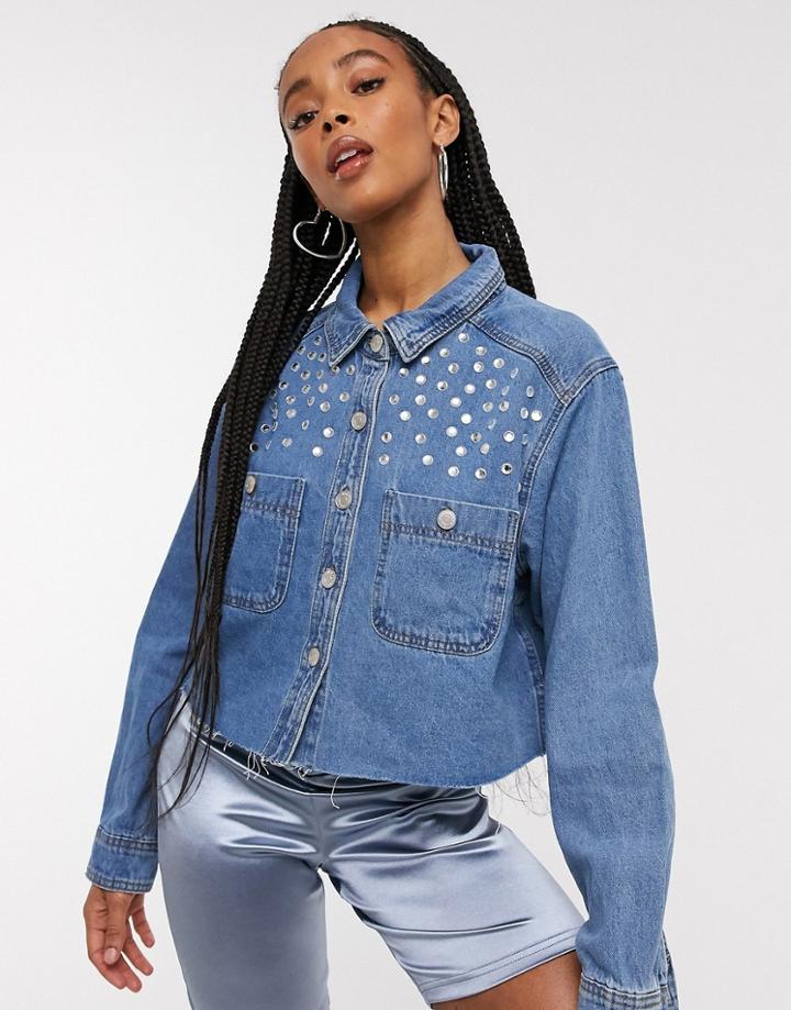 Signature 8 Denim Shirt With Stud Detail In Mid Wash-blues